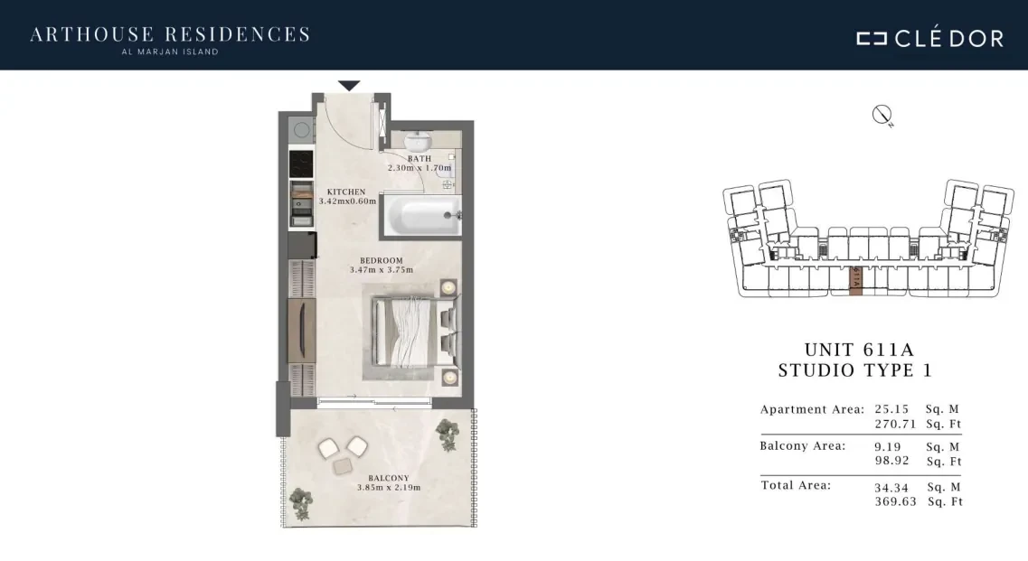 Arthouse Residences Unit 611A studio Type 1 floor plan, 369.63 sq ft