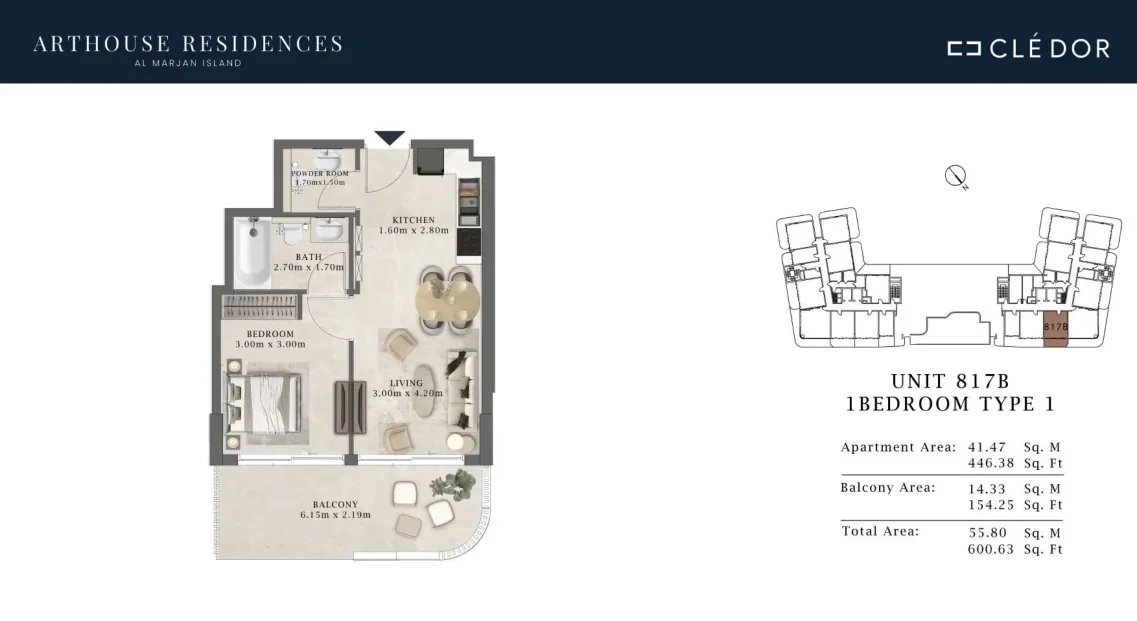 Arthouse Residences Unit 817B 1 bedroom Type 1 floor plan, 600.63 sq ft