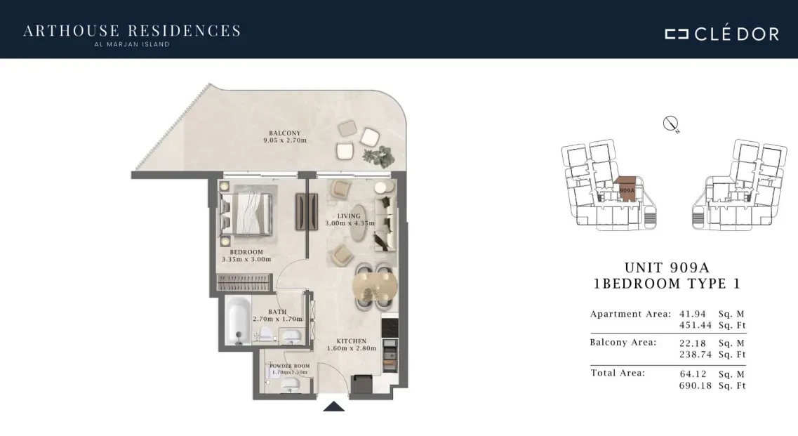 Arthouse Residences Unit 909A 1 bedroom Type 1 floor plan, 690.18 sq ft