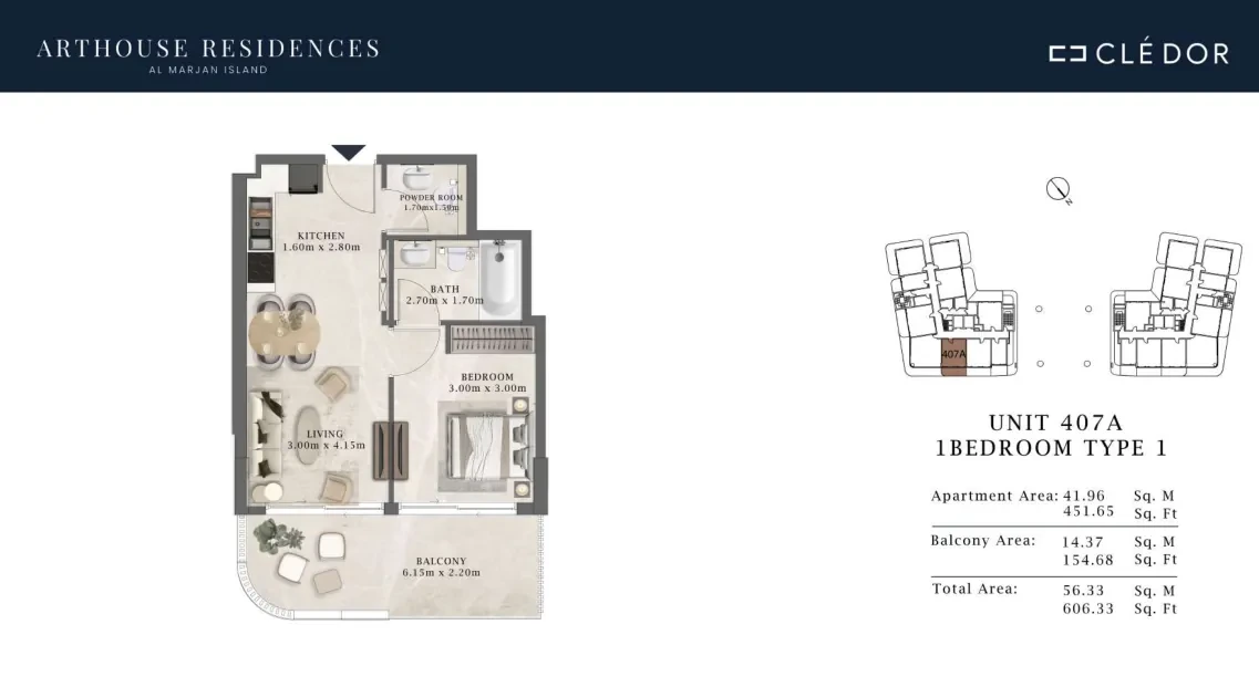 Arthouse Residences Unit 407A 1 bedroom Type 1 floor plan, 606.33 sq ft