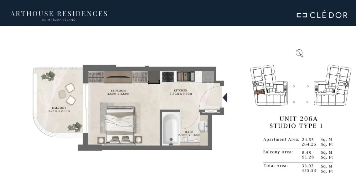 Arthouse Residences Unit 206A studio Type 1 floor plan, 355.53 sq ft