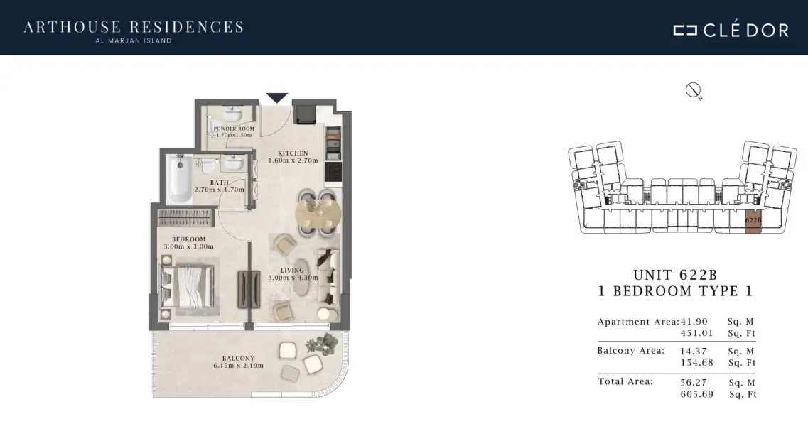 Arthouse Residences Unit 622B 1 bedroom Type 1 floor plan, 605.69 sq ft