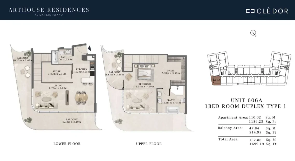 Arthouse Residences Unit 606A 1 bedroom duplex Type 1 floor plan, 1,699.19 sq ft