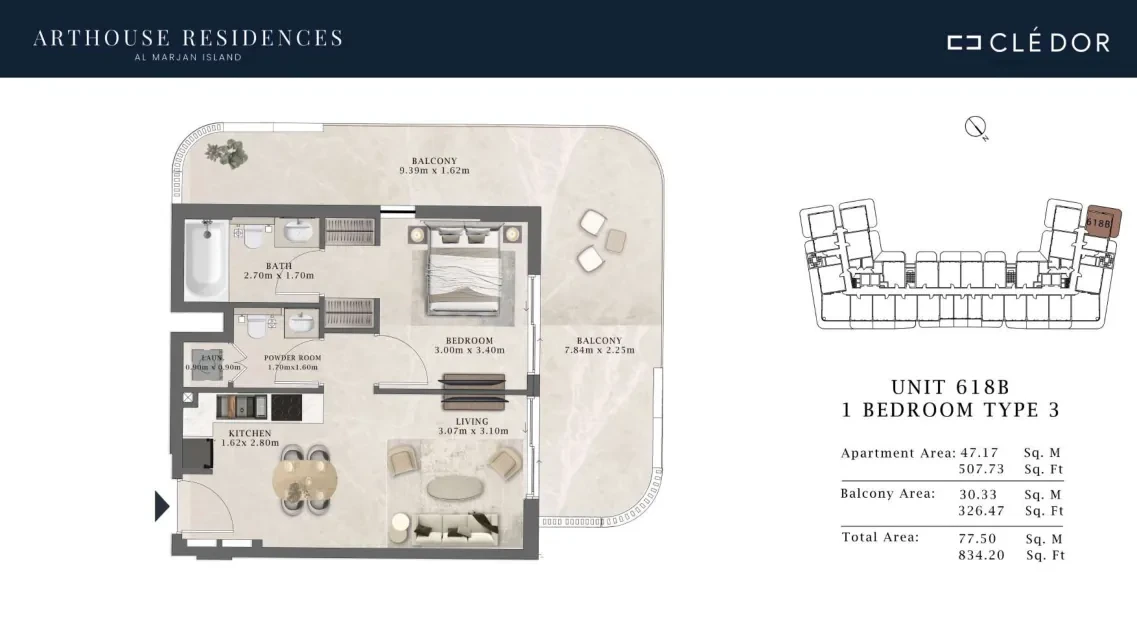 Arthouse Residences Unit 618B 1 bedroom Type 3 floor plan, 834.20 sq ft
