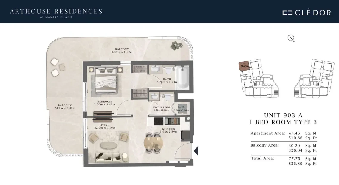 Arthouse Residences Unit 903A 1 bedroom Type 3 floor plan, 836.89 sq ft