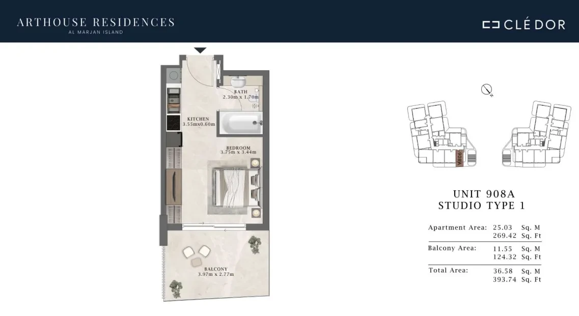 Arthouse Residences Unit 908A studio Type 1 floor plan, 393.74 sq ft