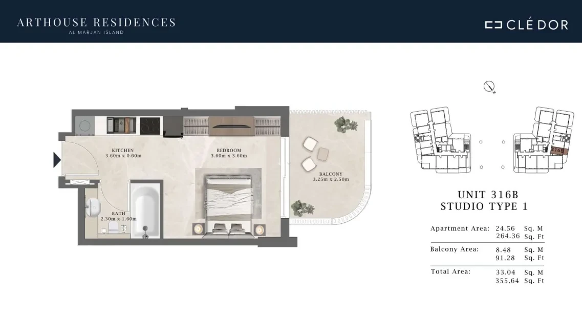 Arthouse Residences Unit 316B studio Type 1 floor plan, 355.64 sq ft