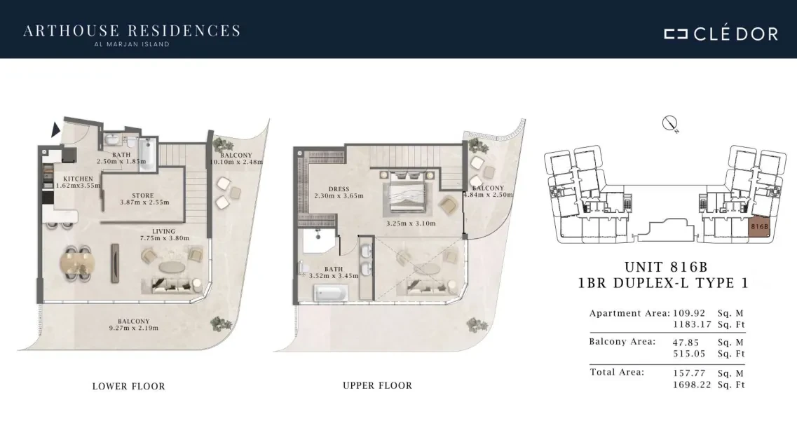 Arthouse Residences Unit 816B 1 bedroom duplex Type 1 floor plan, 1,698.22 sq ft