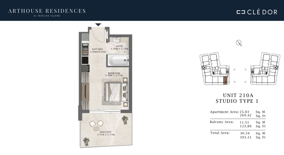 Arthouse Residences Unit 210A studio Type 1 floor plan, 393.31 sq ft