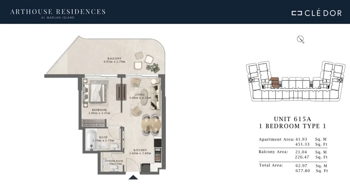 Arthouse Residences Unit 615A 1 bedroom Type 1 floor plan, 677.80 sq ft