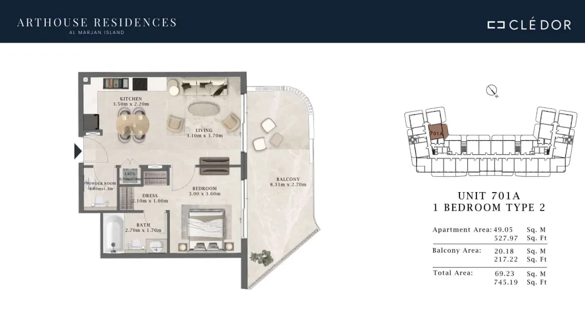 Arthouse Residences Unit 701A 1 bedroom Type 2 floor plan, 745.19 sq ft