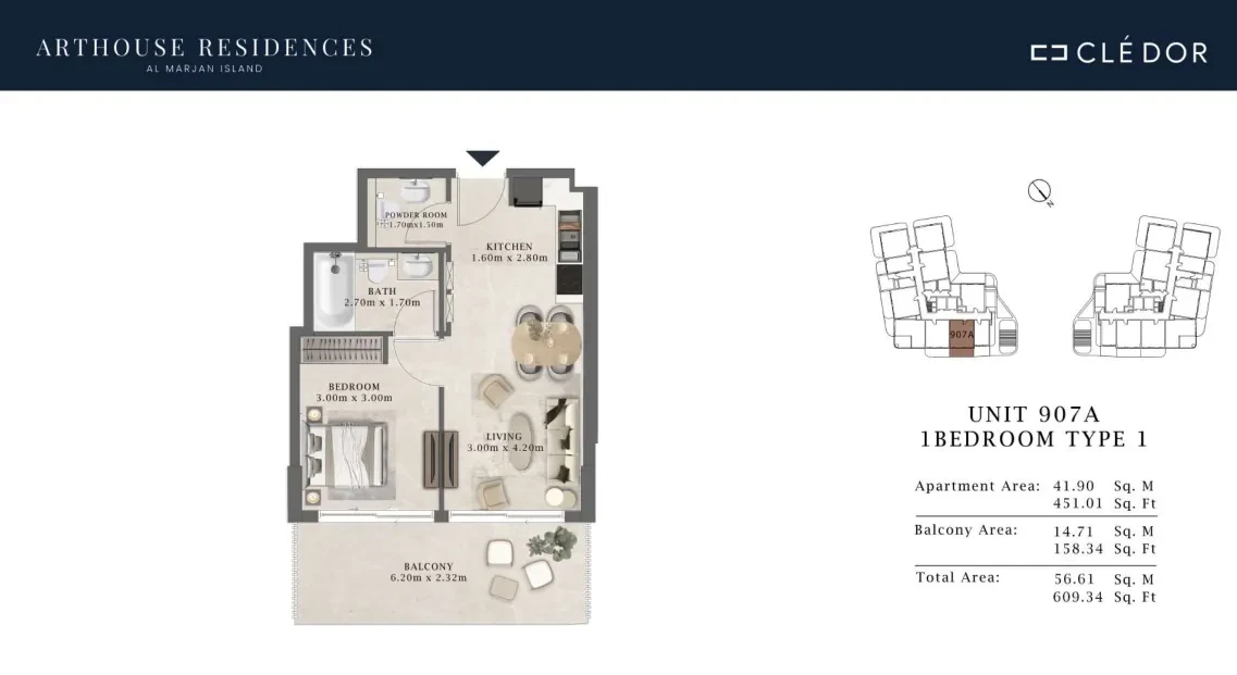 Arthouse Residences Unit 907A 1 bedroom Type 1 floor plan, 609.34 sq ft