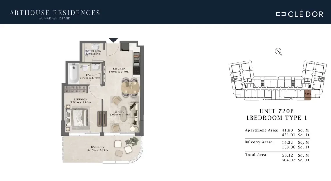 Arthouse Residences Unit 720B 1 bedroom Type 1 floor plan, 604.07 sq ft