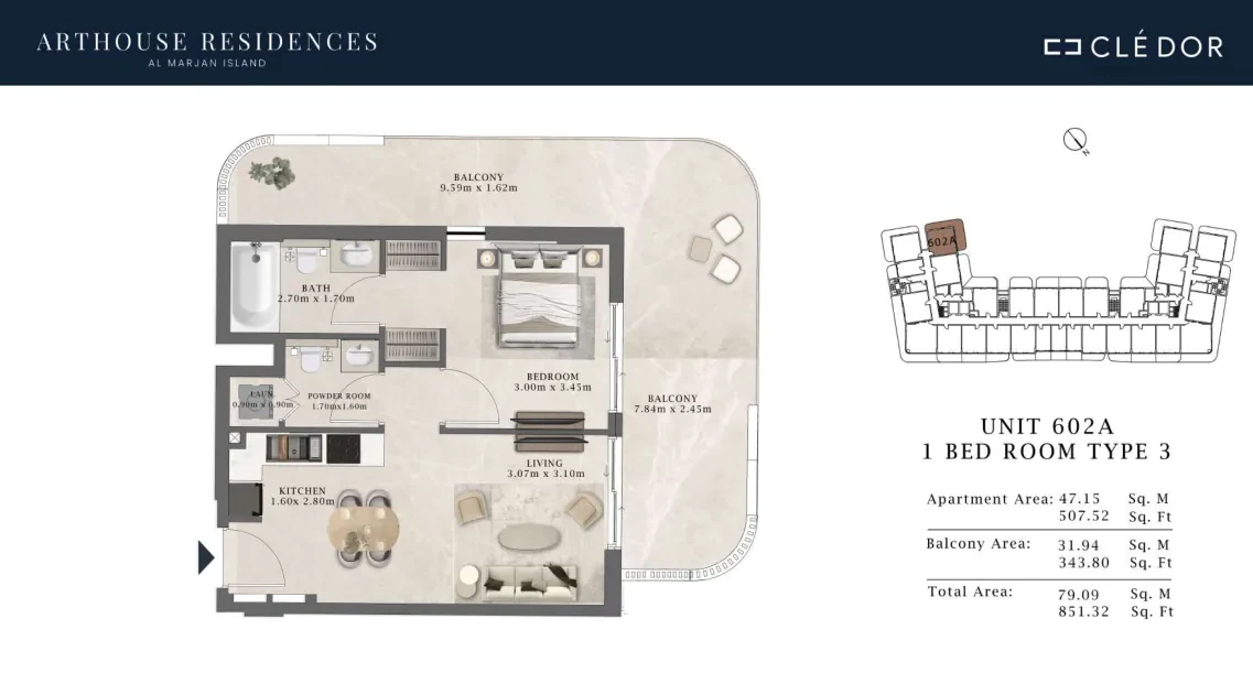 Arthouse Residences Unit 602A 1 bedroom Type 3 floor plan, 851.32 sq ft