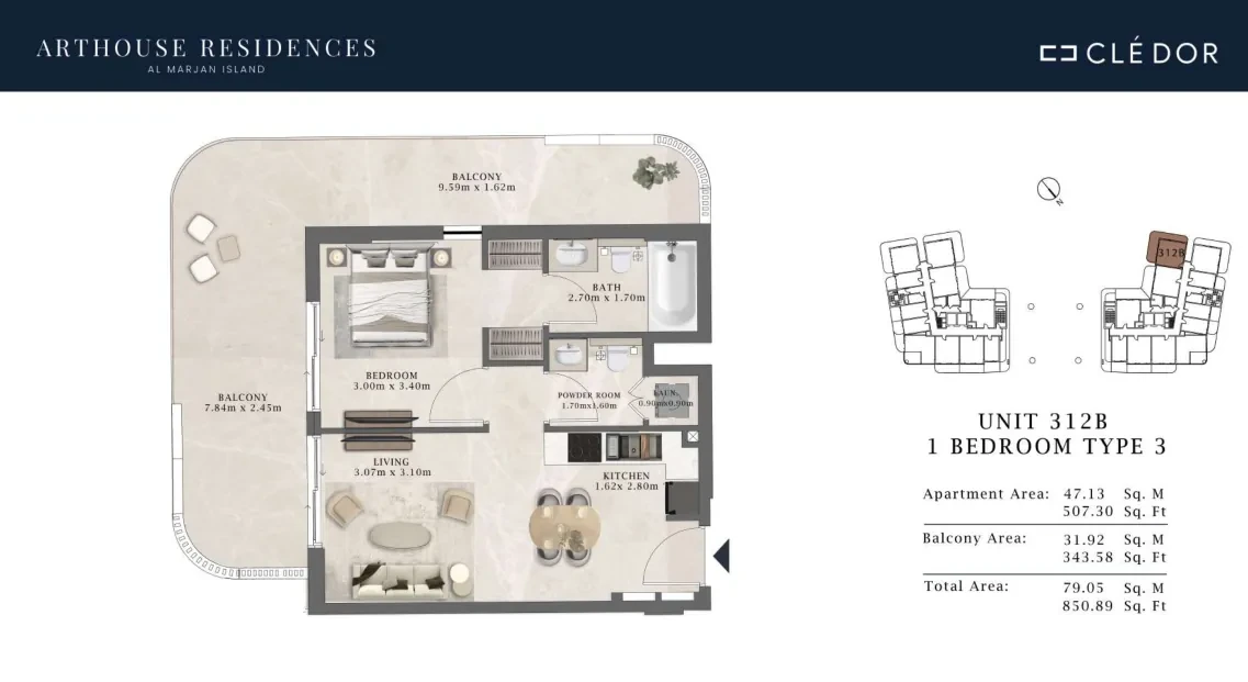 Arthouse Residences Unit 312B 1 bedroom Type 3 floor plan, 850.89 sq ft