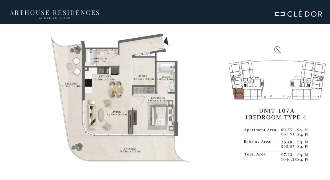 Arthouse Residences Unit 107A 1 bedroom Type 4 floor plan, 1,046.58 sq ft