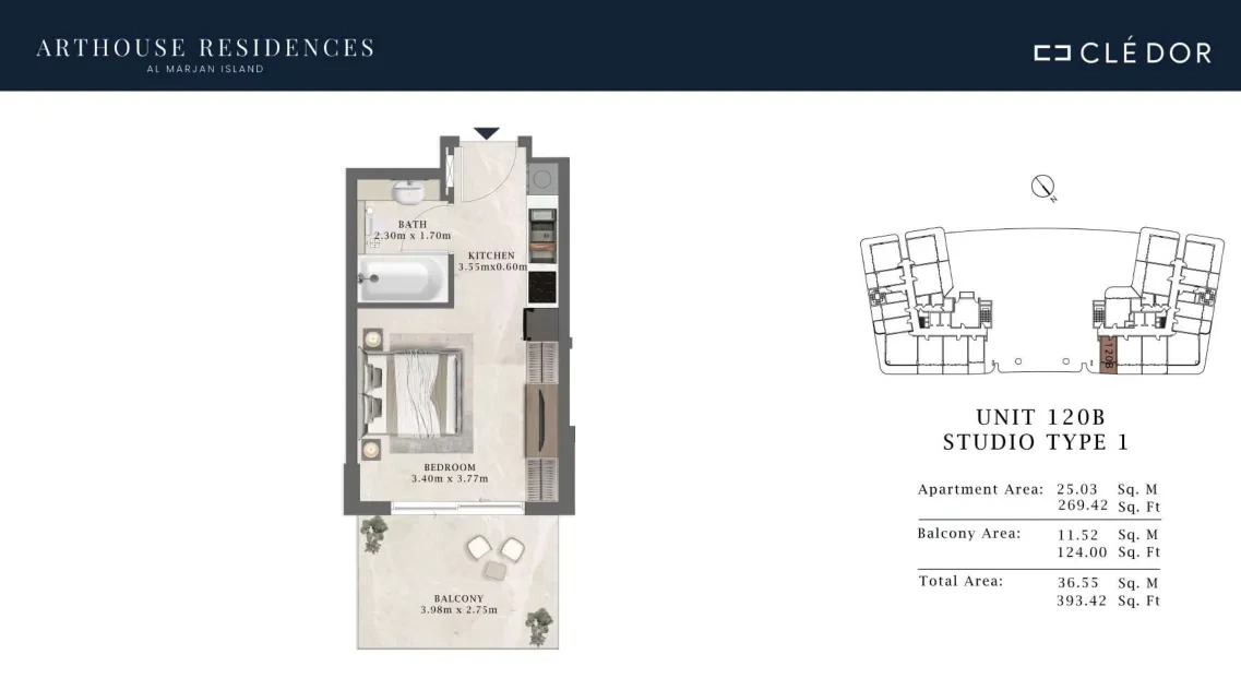 Arthouse Residences Unit 120B studio Type 1 floor plan, 393.42 sq ft