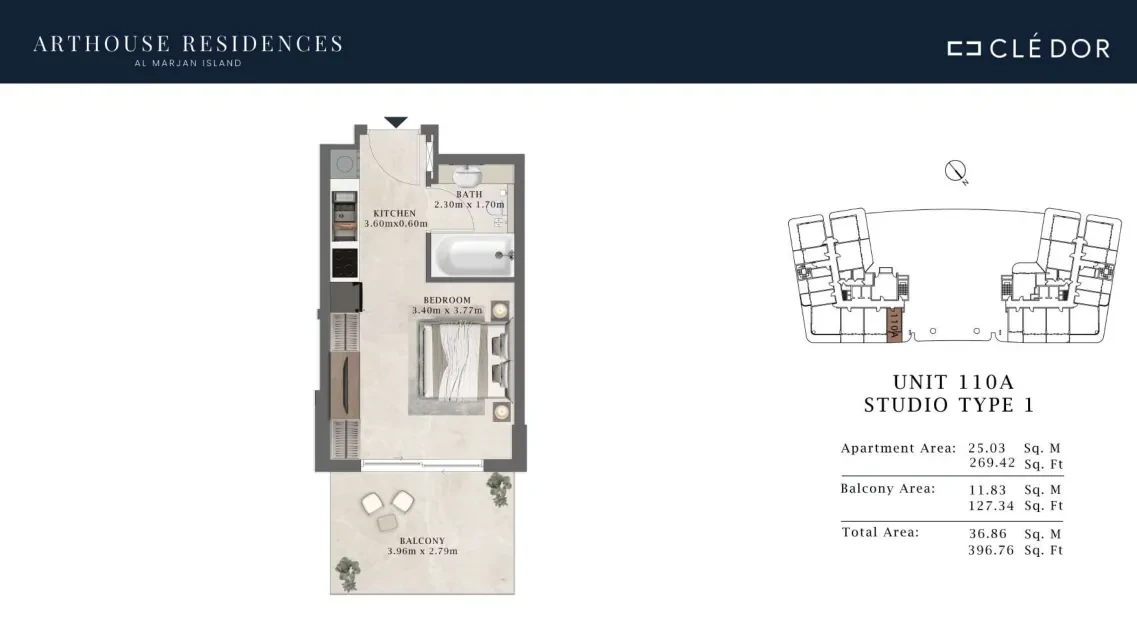 Arthouse Residences Unit 110A studio Type 1 floor plan, 396.76 sq ft