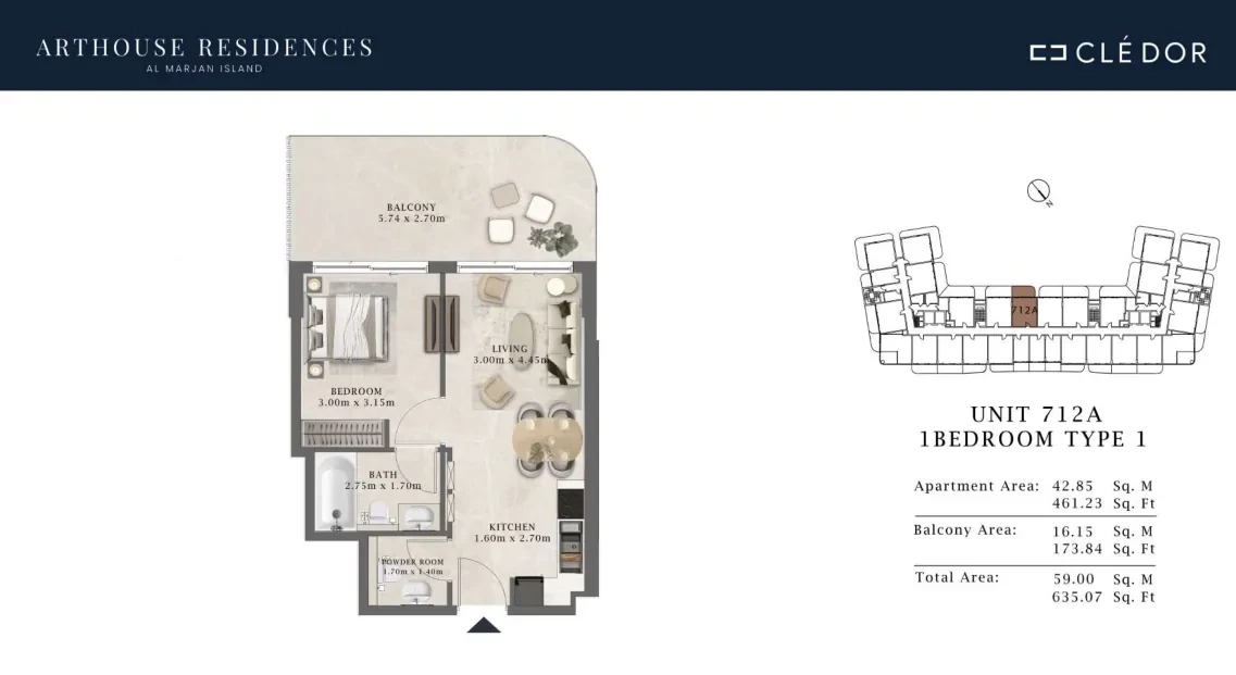 Arthouse Residences Unit 712A 1 bedroom Type 1 floor plan, 635.07 sq ft