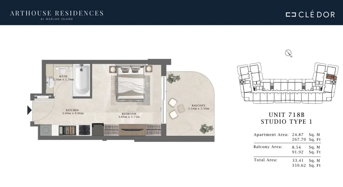 Arthouse Residences Unit 718B studio Type 1 floor plan, 359.62 sq ft