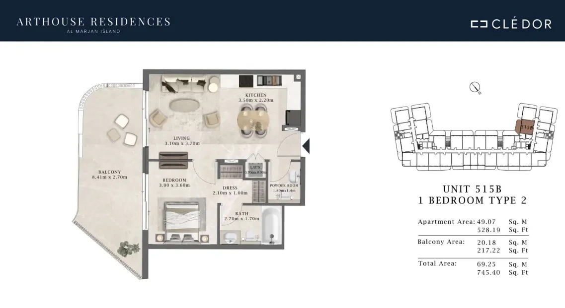 Arthouse Residences Unit 515B 1 bedroom Type 2 floor plan, 745.40 sq ft