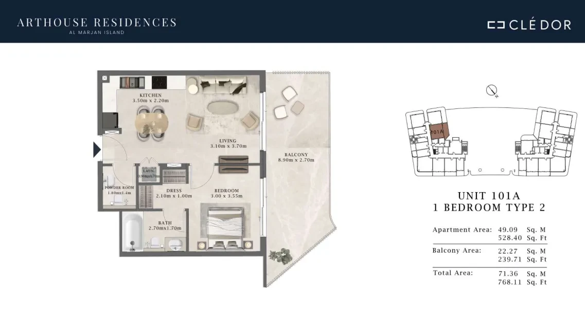 Arthouse Residences Unit 101A 1 bedroom Type 2 floor plan, 768.11 sq ft