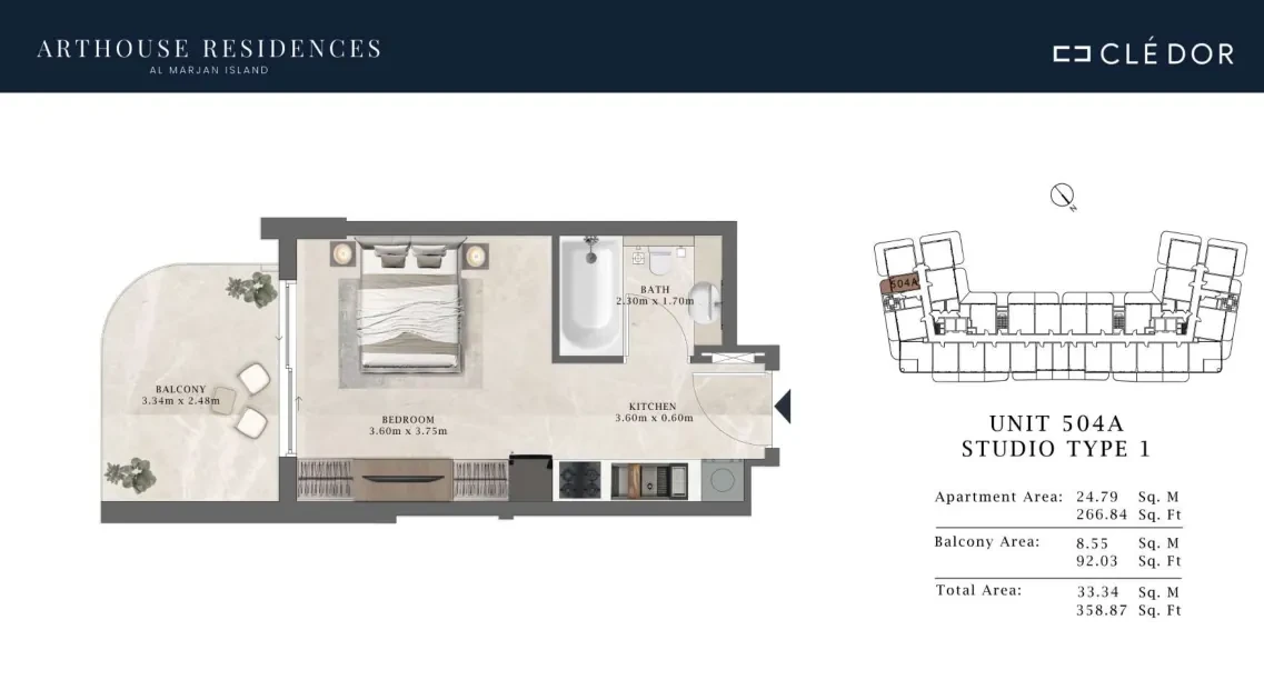 Arthouse Residences Unit 504A studio Type 1 floor plan, 358.87 sq ft