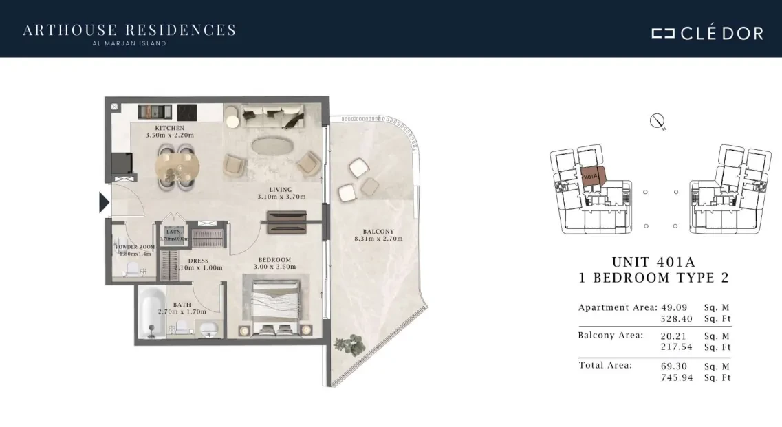 Arthouse Residences Unit 401A 1 bedroom Type 2 floor plan, 745.94 sq ft