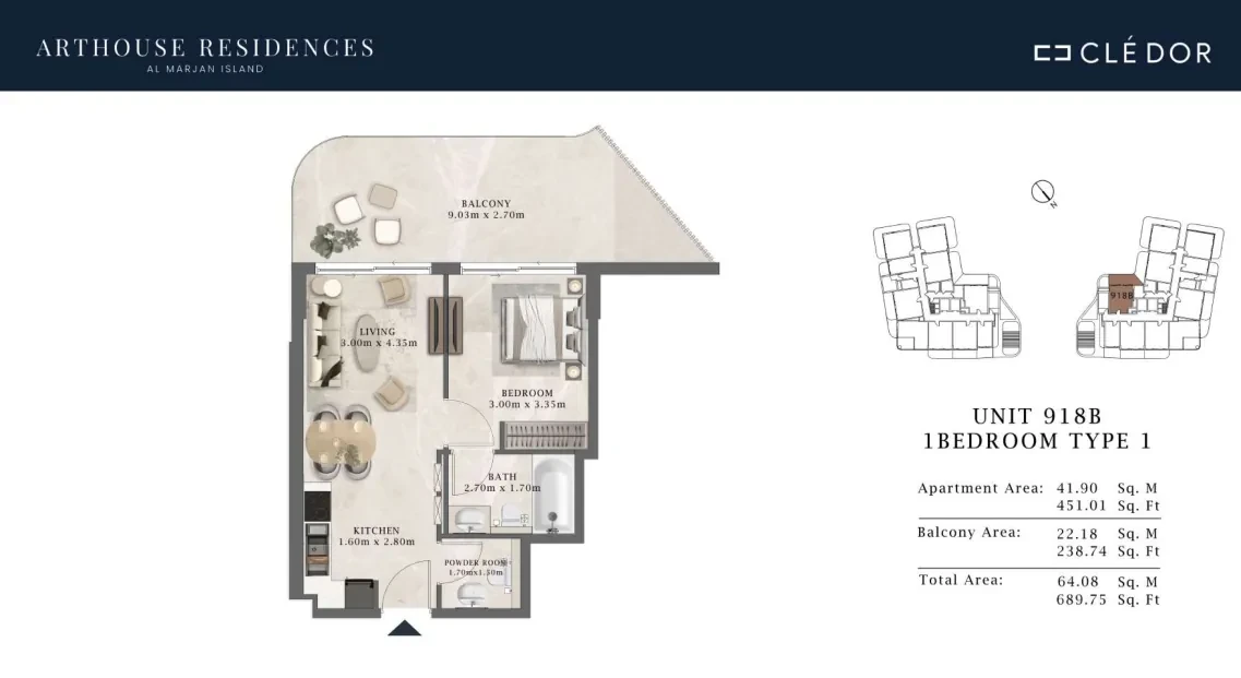 Arthouse Residences Unit 918B 1 bedroom Type 1 floor plan, 689.75 sq ft