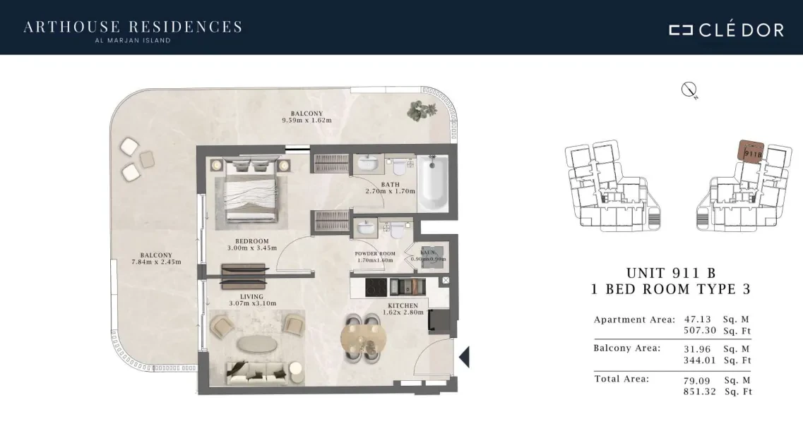 Arthouse Residences Unit 911B 1 bedroom Type 3 floor plan, 851.32 sq ft