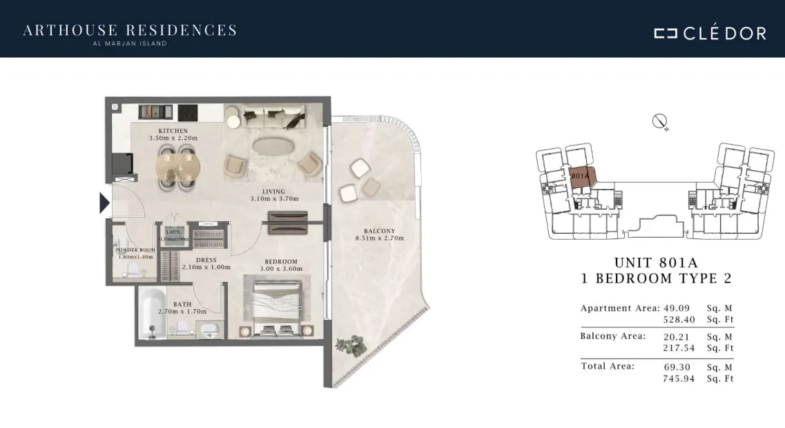 Arthouse Residences Unit 801A 1 bedroom Type 2 floor plan, 745.94 sq ft