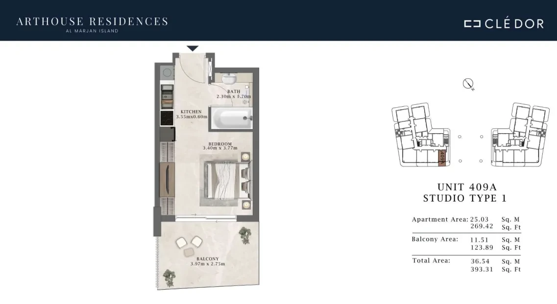 Arthouse Residences Unit 409A studio Type 1 floor plan, 393.31 sq ft