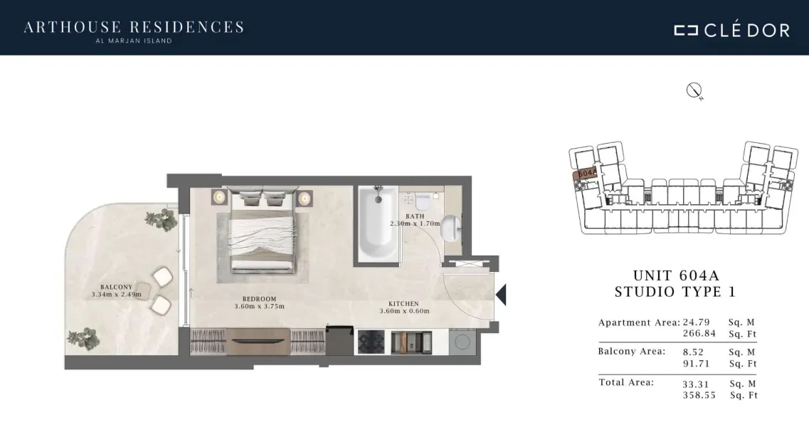 Arthouse Residences Unit 604A studio Type 1 floor plan, 358.55 sq ft