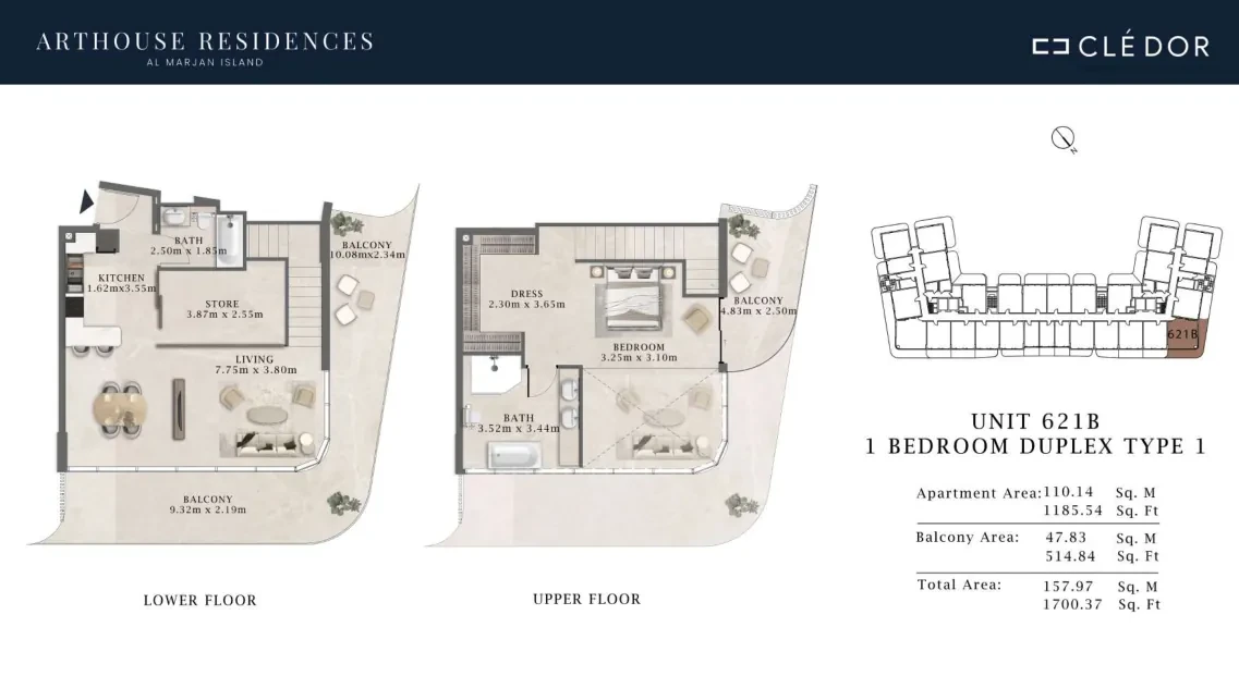 Arthouse Residences Unit 621B 1 bedroom duplex Type 1 floor plan, 1,700.37 sq ft