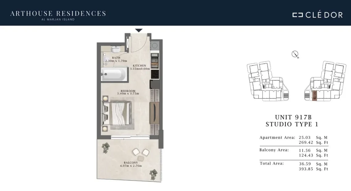 Arthouse Residences Unit 917B studio Type 1 floor plan, 393.85 sq ft