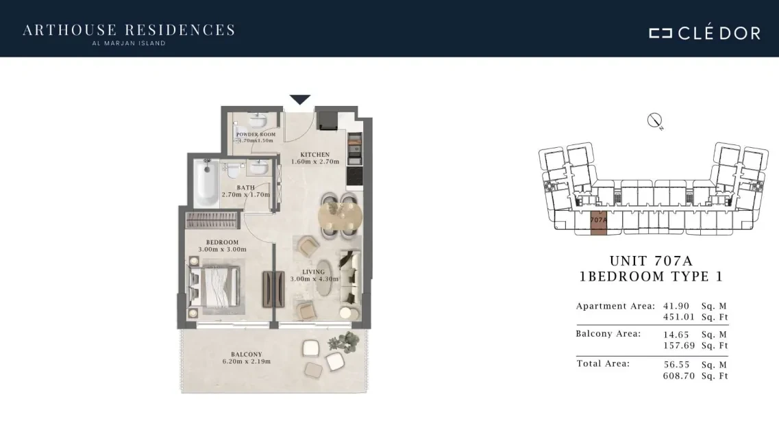 Arthouse Residences Unit 707A 1 bedroom Type 1 floor plan, 608.70 sq ft