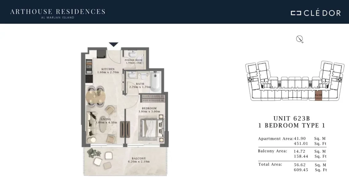 Arthouse Residences Unit 623B 1 bedroom Type 1 floor plan, 609.45 sq ft