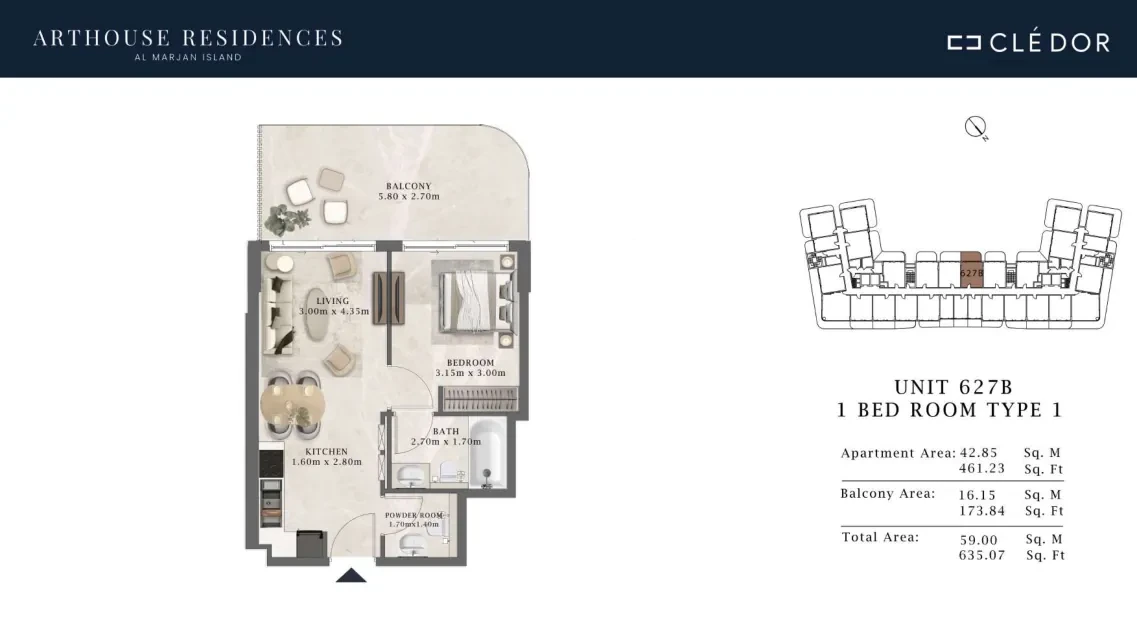 Arthouse Residences Unit 627B 1 bedroom Type 1 floor plan, 635.07 sq ft
