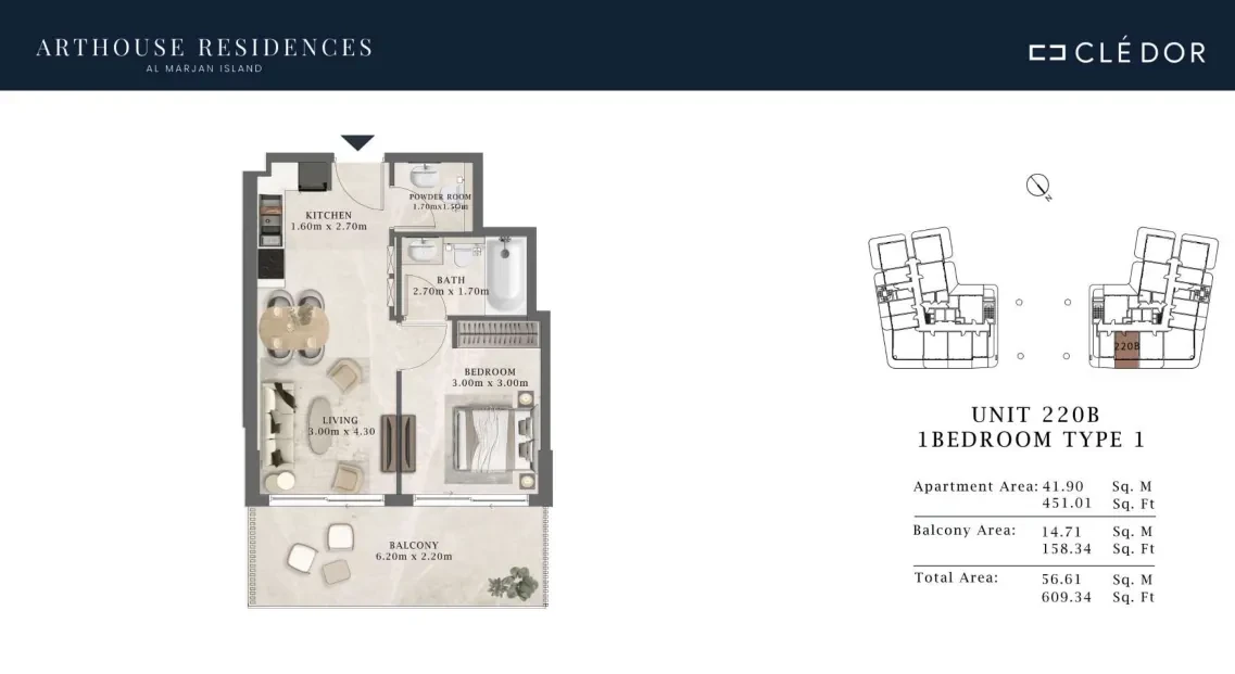 Arthouse Residences Unit 220B 1 bedroom Type 1 floor plan, 609.34 sq ft