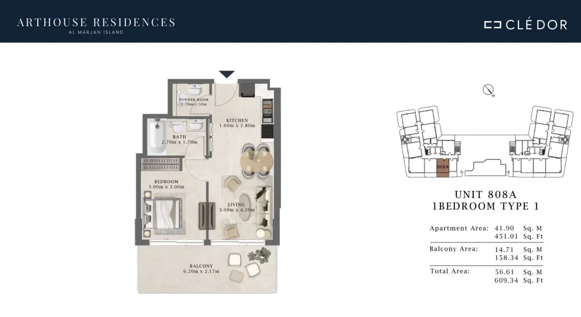 Arthouse Residences Unit 808A 1 bedroom Type 1 floor plan, 609.34 sq ft