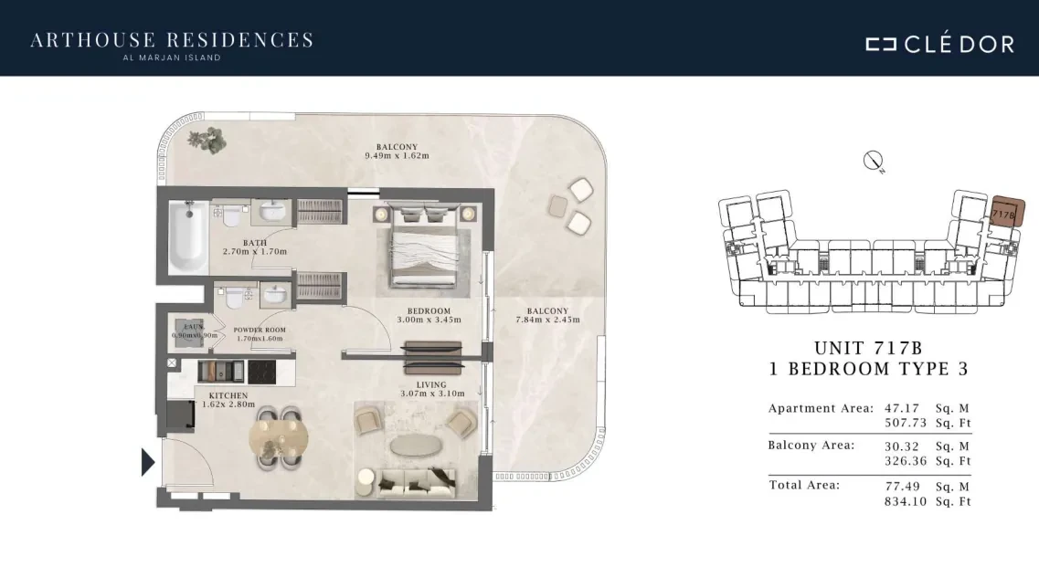 Arthouse Residences Unit 717B 1 bedroom Type 3 floor plan, 834.10 sq ft