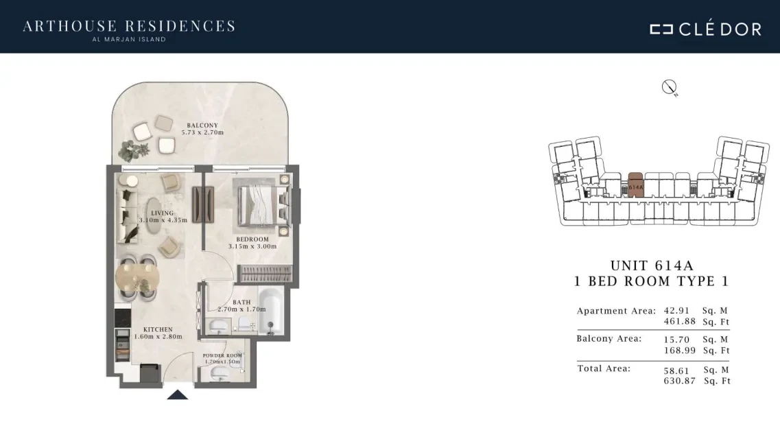 Arthouse Residences Unit 614A 1 bedroom Type 1 floor plan, 630.87 sq ft