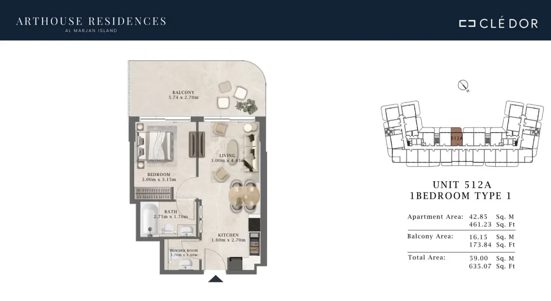 Arthouse Residences Unit 512A 1 bedroom Type 1 floor plan, 635.07 sq ft