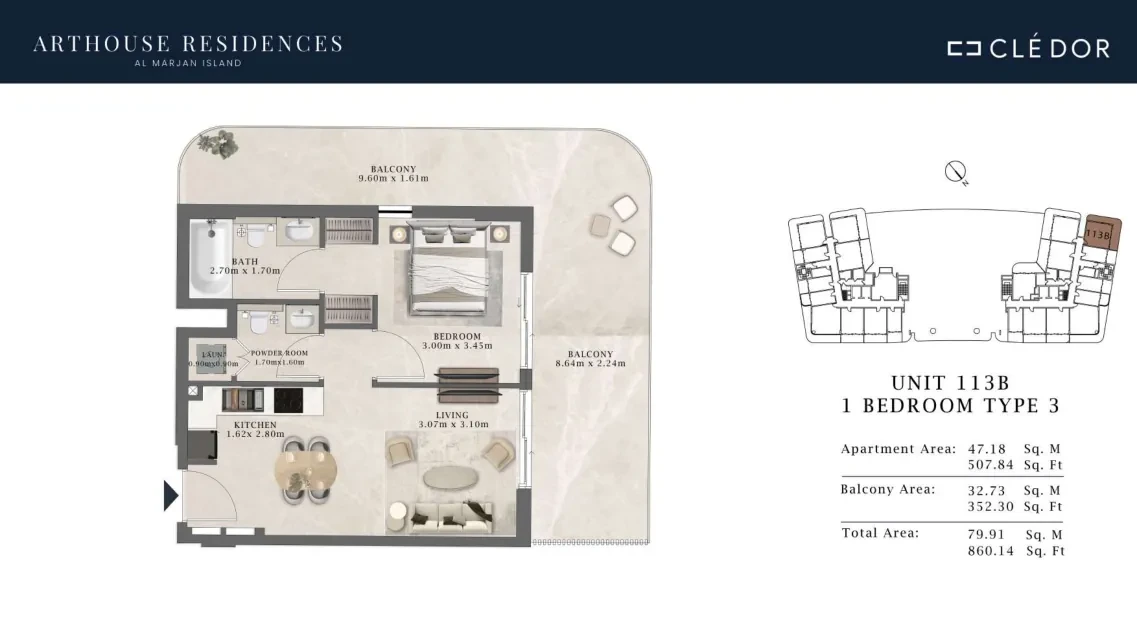 Arthouse Residences Unit 113B 1 bedroom Type 3 floor plan, 860.14 sq ft