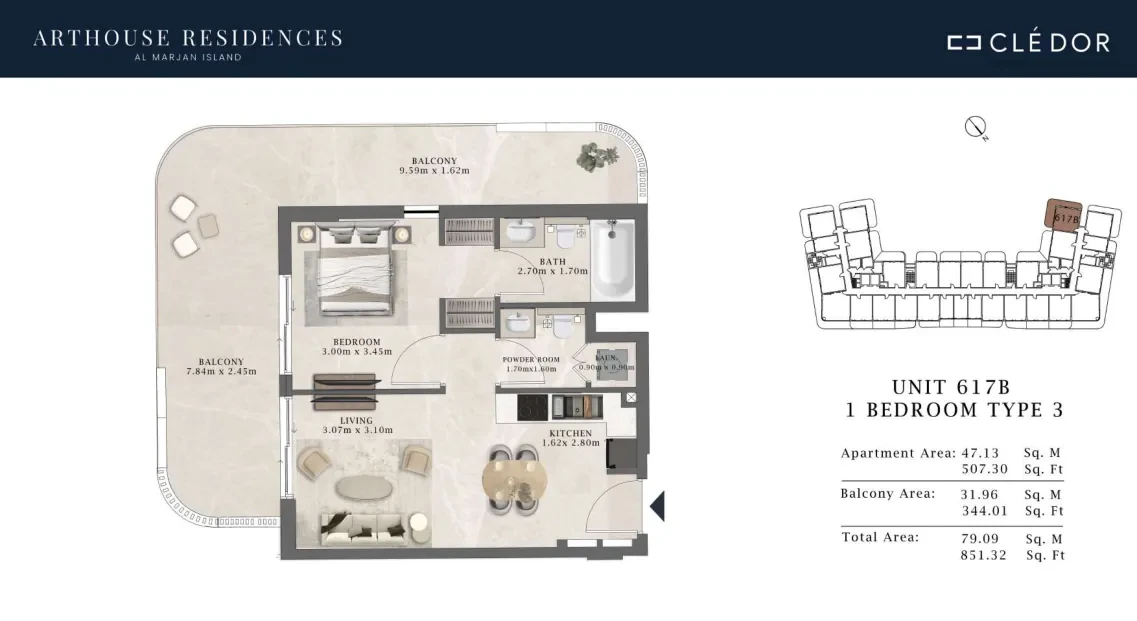 Arthouse Residences Unit 617B 1 bedroom Type 3 floor plan, 851.32 sq ft