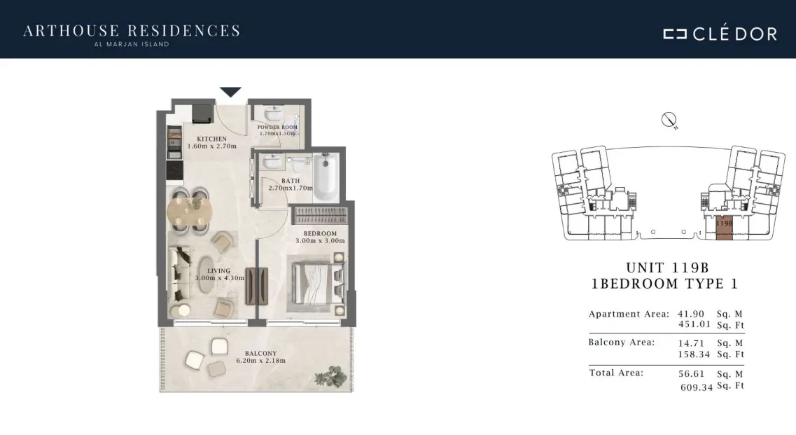 Arthouse Residences Unit 119B 1 bedroom Type 1 floor plan, 609.34 sq ft