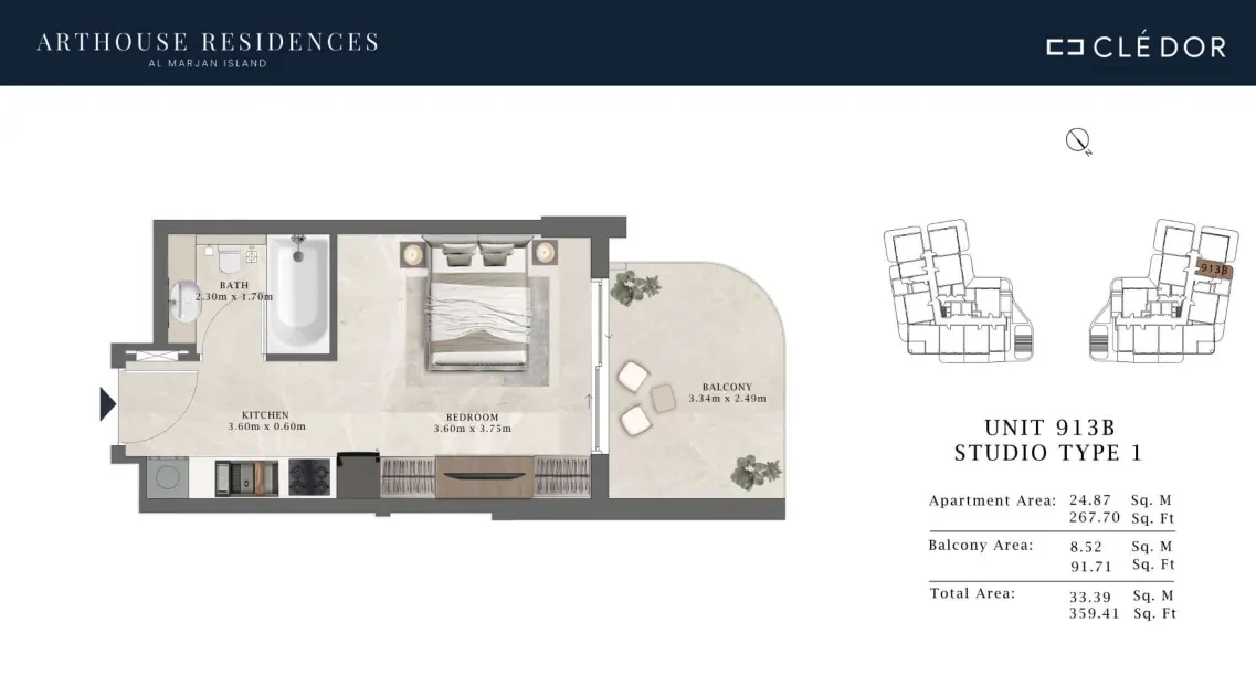 Arthouse Residences Unit 913B studio Type 1 floor plan, 359.41 sq ft