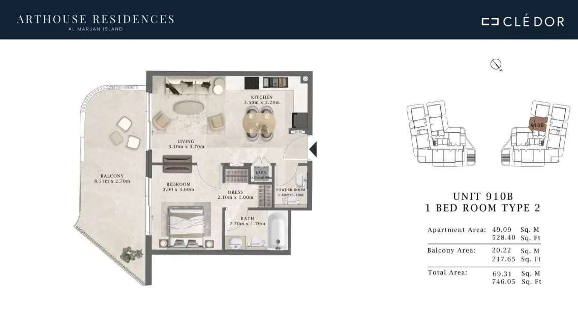 Arthouse Residences Unit 910B 1 bedroom Type 2 floor plan, 746.05 sq ft