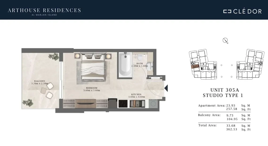 Arthouse Residences Unit 305A studio Type 1 floor plan, 362.53 sq ft