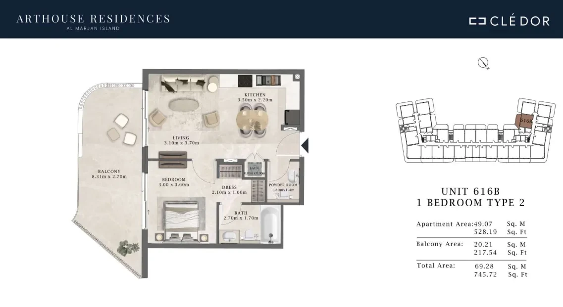 Arthouse Residences Unit 616B 1 bedroom Type 2 floor plan, 745.72 sq ft